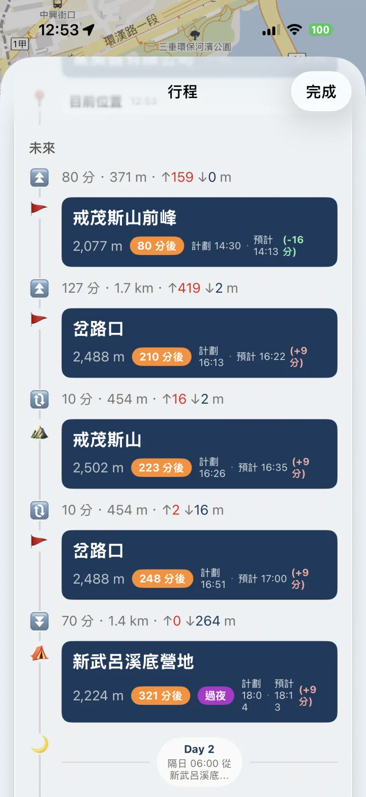 導航逐點顯示計劃與預計到達、超前落後