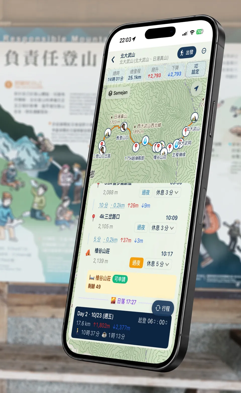 登山計劃編輯畫面:多日行程的過夜點、休息時間與山屋剩餘名額