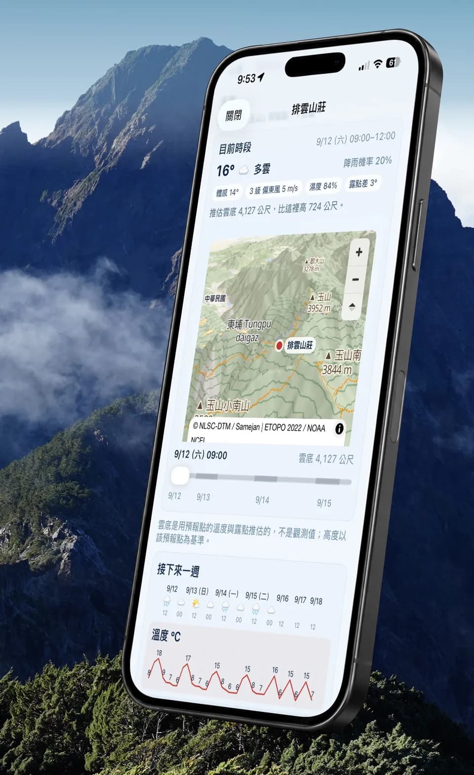 排雲山莊的天氣、推估雲層高度與未來一週溫度